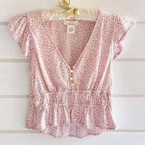 Urban Romantics Women’s Printed Short Sleeve Rayon Button Blouse Size Small
